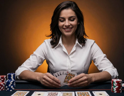 Professionelle Live-Casino-Dealerin mit dunklem Haar teilt Karten in einem dunklen Studio mit oranger Hintergrundbeleuchtung