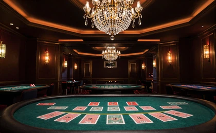 Baccarat-Tisch mit Karten auf gr&uuml;nem Filz und Kristalll&uuml;ster in luxuri&ouml;sem dunklen Casino