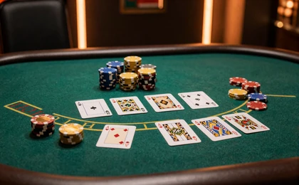 Blackjack-Tisch mit ausgeteilten Karten auf gr&uuml;nem Filz und goldenen Chips im dunklen Studio