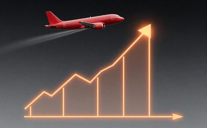 Rotes Flugzeug steigt auf einem Multiplikator-Graphen in dunklem Hintergrund mit oranger Gl&uuml;hlicht