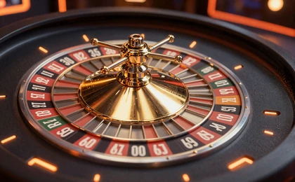 Drehendes Roulette-Rad mit leuchtenden Multiplikator-Zahlen auf dunklem Casinotisch