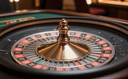 Drehendes Roulette-Rad auf dunklem Casino-Tisch mit gr&uuml;nem Filz und oranger Beleuchtung