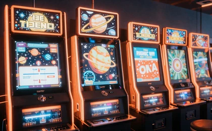 Leuchtender Slot-Maschinen-Bildschirm mit Weltraum-Abenteuer-Thema und Planeten