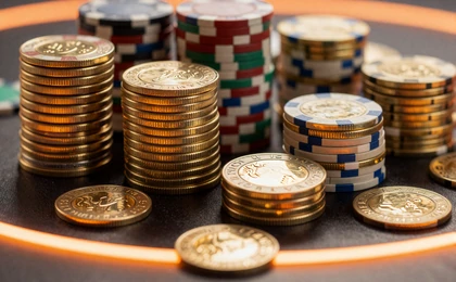 Goldene Casino-Chips und M&uuml;nzen auf dunkler reflektierender Oberfl&auml;che mit oranger Neon-Beleuchtung