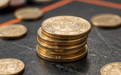 Drei gestapelte goldene Casino-Chips auf dunklem Marmor mit orangefarbenem Streiflicht