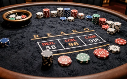 Klassische Casino-Tischspiele: Blackjack, Baccarat und Roulette-Rad auf dunklem Samttisch mit oranger Akzentbeleuchtung