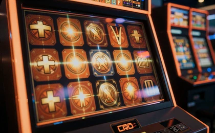 Leuchtender Slot-Maschinen-Bildschirm mit orangefarbenen und goldenen Symbolen im Vox Casino