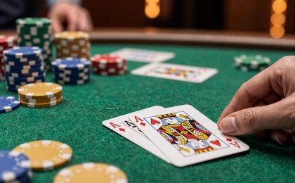 Blackjack-Hand mit Ass und K&ouml;nig auf gr&uuml;nem Filz mit goldenen Chips im Vox Casino