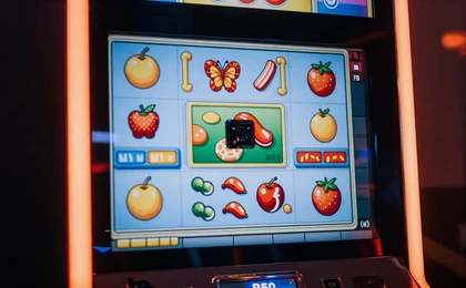 Leuchtender Slot-Maschinen-Bildschirm mit bunten Frucht- und S&uuml;&szlig;igkeitssymbolen