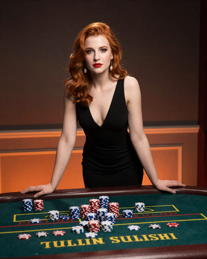 Model im schwarzen Abendkleid am gr&uuml;nen Roulette-Tisch mit Casino-Chips und oranger Untergrundbeleuchtung bei Vox Casino
